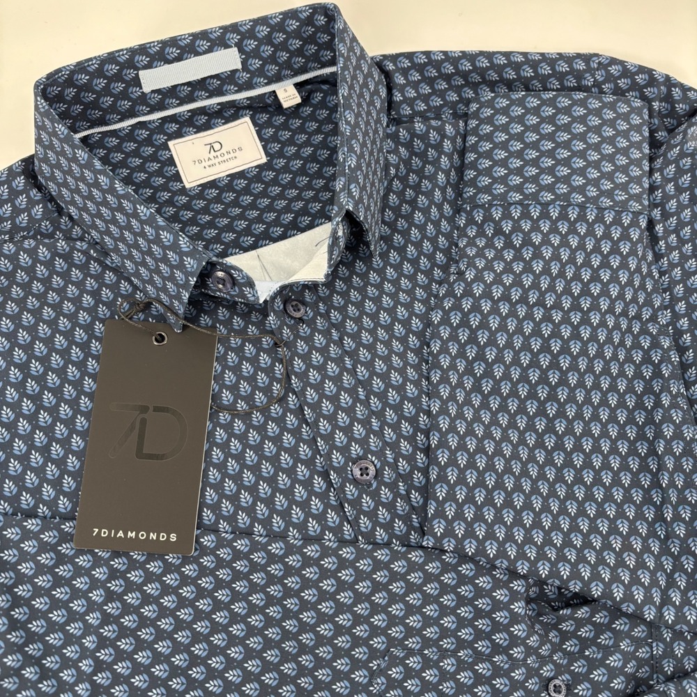 NWT 7Diamonds Mens Button Up Shirt Small Navy Enrys 4-Way Stretch Geo Print